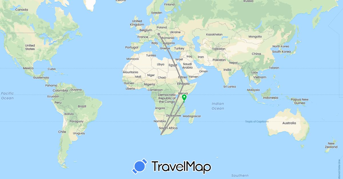 TravelMap itinerary: driving, bus, plane in Austria, Ethiopia, Tanzania, South Africa (Africa, Europe)